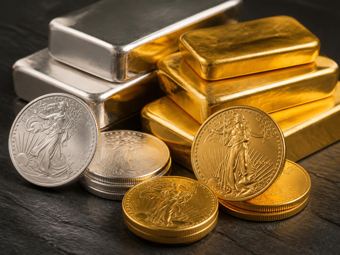 Gold and silver bullion bars stacked with American Eagle bullion coins