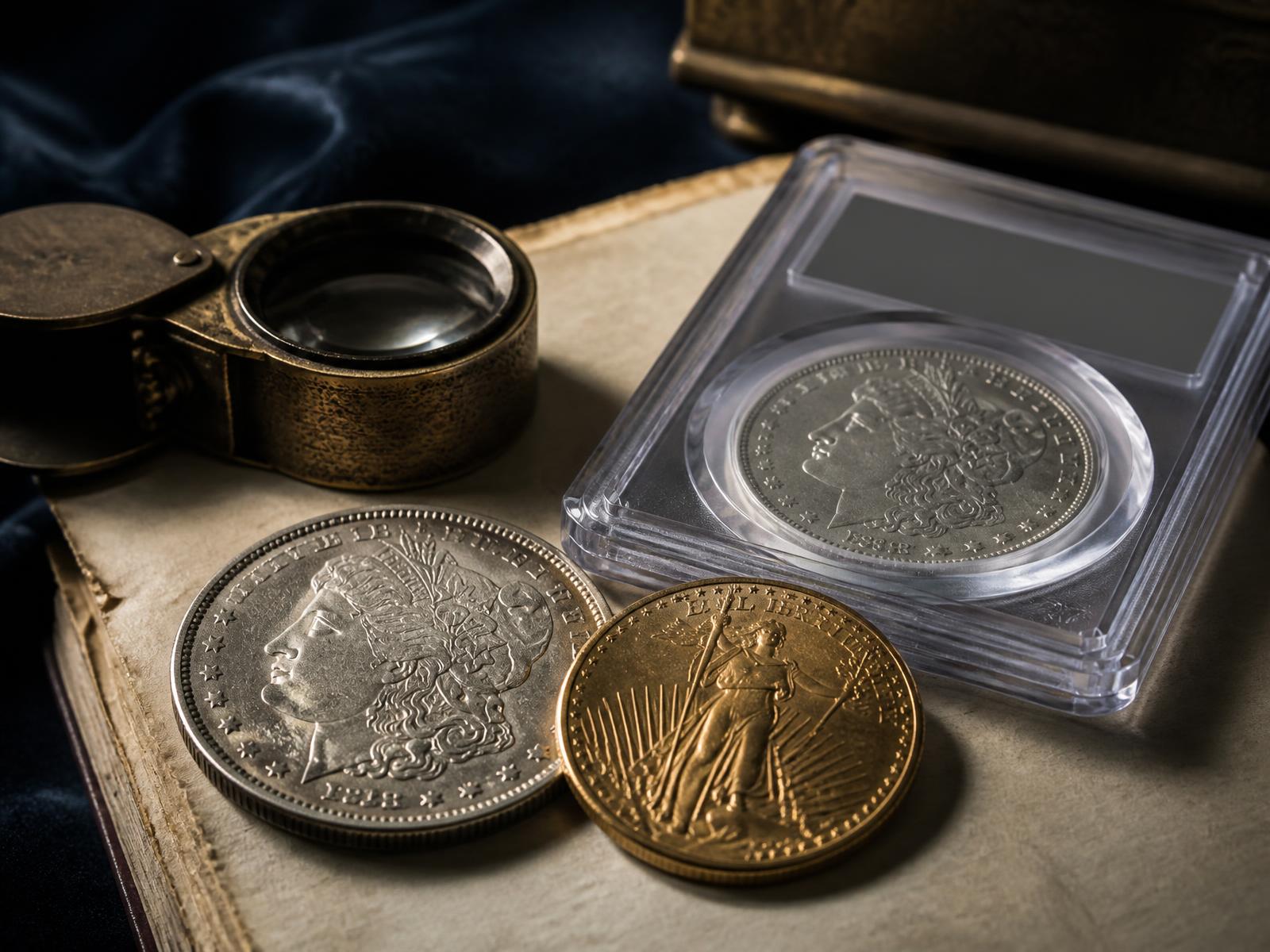 Morgan silver dollar, gold double eagle, and a certified slabbed coin beside a jeweler's loupe