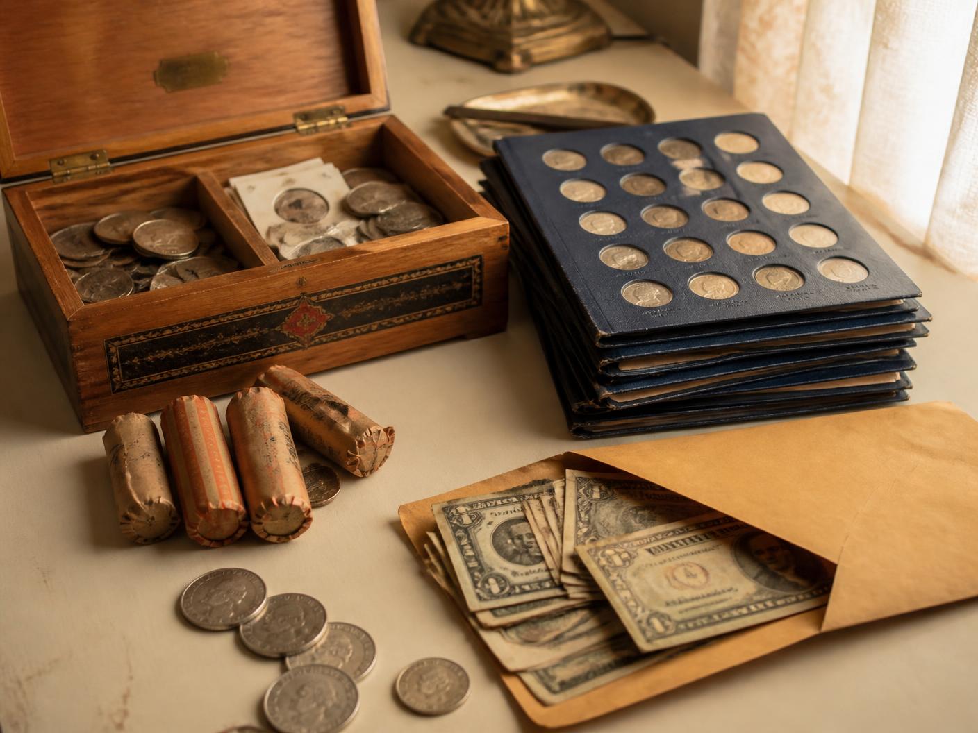 A family sorting through an inherited box of coins and albums