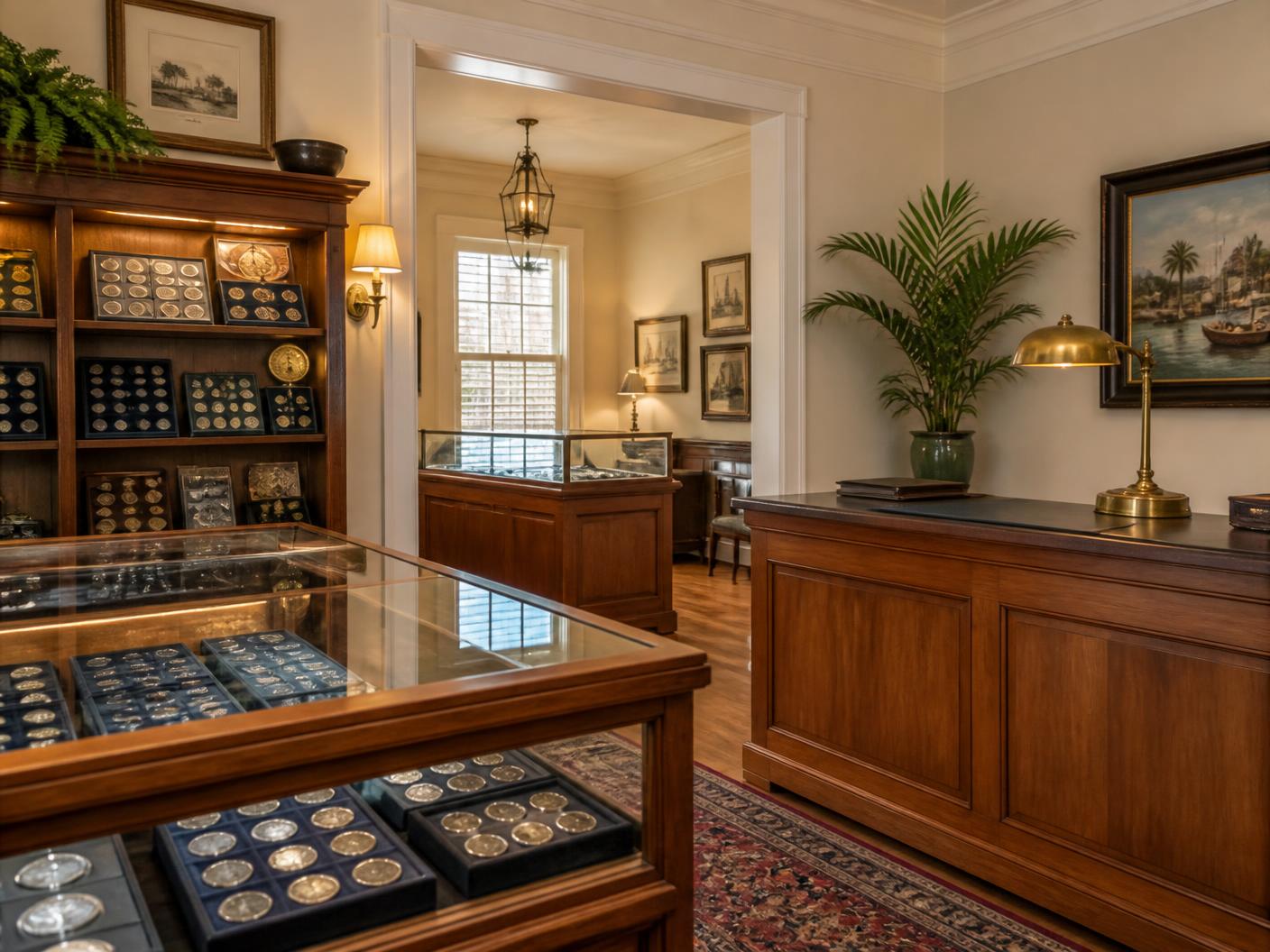 Interior of the Mount Pleasant Coin shop with wooden display cases of coins